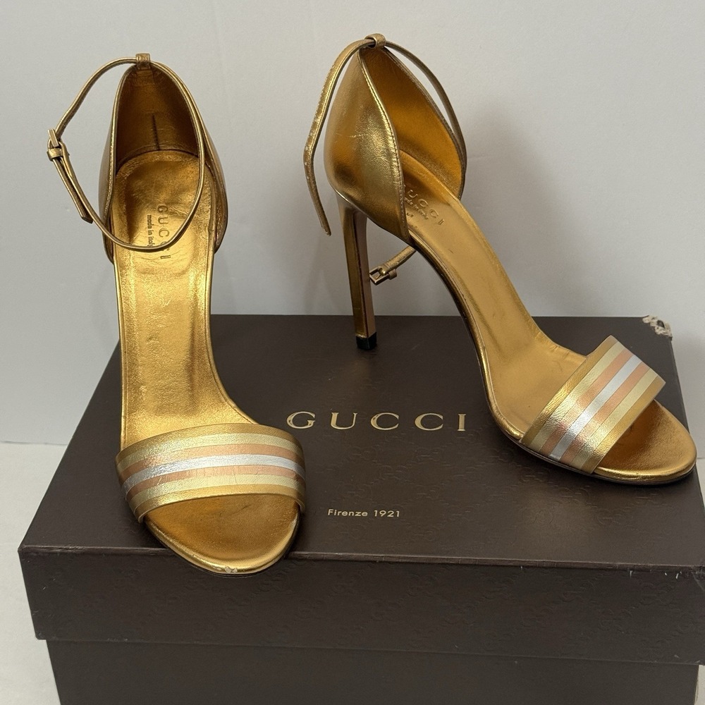 Gucci Gold Metallic Leather Cara‎ High Heel Strappy Sandals Women's Size EU 38
